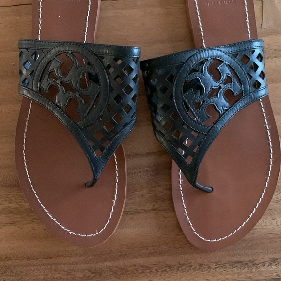 Tory Burch Black Thatched Logo Thong/Sandal SZ 9.5 - Picture 2 of 6